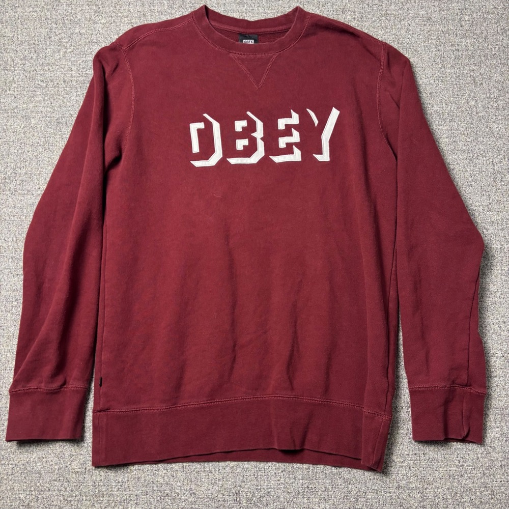 Obey Sweatshirt Mens Medium Crewneck Burgundy Embroidered Logo Streetwear